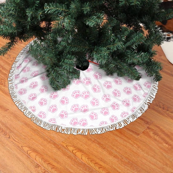Christmas Tree Skirt, Pink Paw Christmas Tree Decorations Indoor, Tree Skirts Mat With Tassel Trim for Halloween New Year Holiday Christmas Party Decor 48 Inches