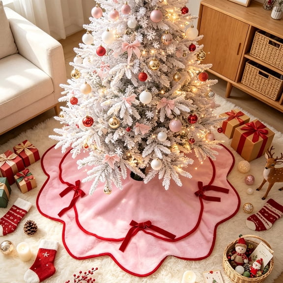 Christmas Tree Skirt Pink Xmas Tree Skirt with Red Bows 35.43In Holiday Tree Base Cover for Christmas Decor