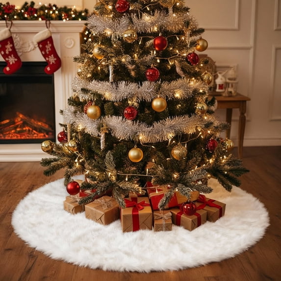 Christmas Tree Skirt Plush Mat, Round Merry Xmas Decor Rugs, Non-Slip Floor Carpet for Living Room, High Pile Polyester for Cozy Feel, Easy to Clean and Store, for Holiday ambiance