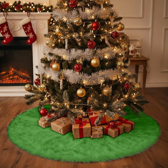 Christmas Tree Skirt Plush Mat, Round Merry Xmas Decor Rugs, Non-Slip Floor Carpet for Living Room, High Pile Polyester for Cozy Feel, Easy to Clean and Store, for Holiday ambiance
