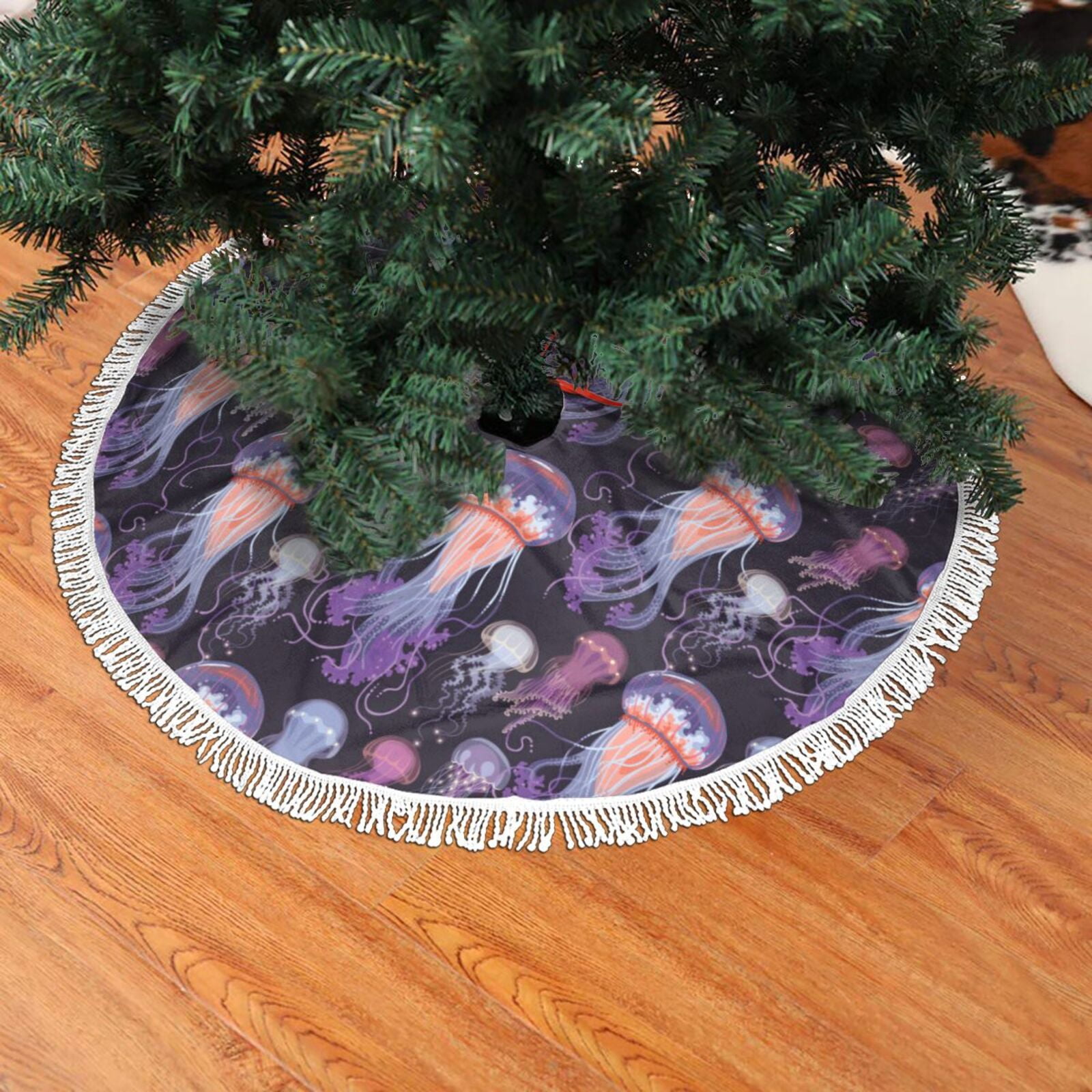 Christmas Tree Skirt, Purple Blue Jellyfish Print Christmas Tree