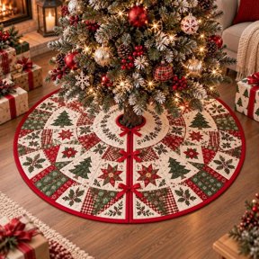Christmas Tree Skirt, Quilted Patchwork Christmas Tree Skirt, Traditional Red Green Holiday Decor