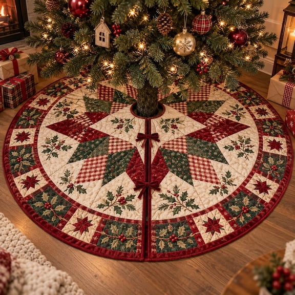 Christmas Tree Skirt, Quilted Patchwork Tree Skirt, Farmhouse Christmas Tree Decor, Red Green Holiday Tree Skirt, Rustic Xmas Decoration