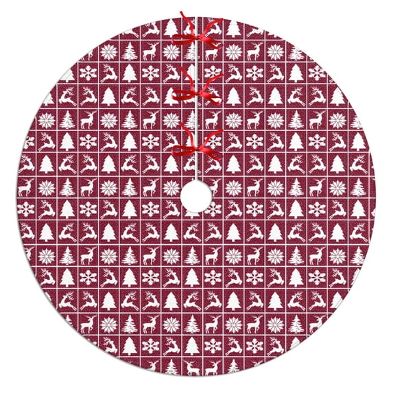 Christmas Tree Skirt,Red Christmas Deer and Tree Pattern Christmas Tree Decor with Red Ribbon Ties,Round Shape,Christmas Decorations for Home 36"x36"
