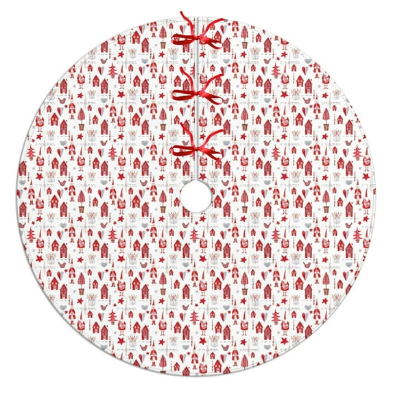 Christmas Tree Skirt,Red Christmas House and Tree Pattern Christmas Tree Decor with Red Ribbon Ties,Round Shape,Christmas Decorations for Home 36"x36"