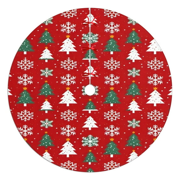 Christmas Tree Skirt,Red Christmas Tree and Snowflake Pattern Christmas Tree Decor with Red Ribbon Ties,Round Shape,Christmas Decorations for Home 48"x48"