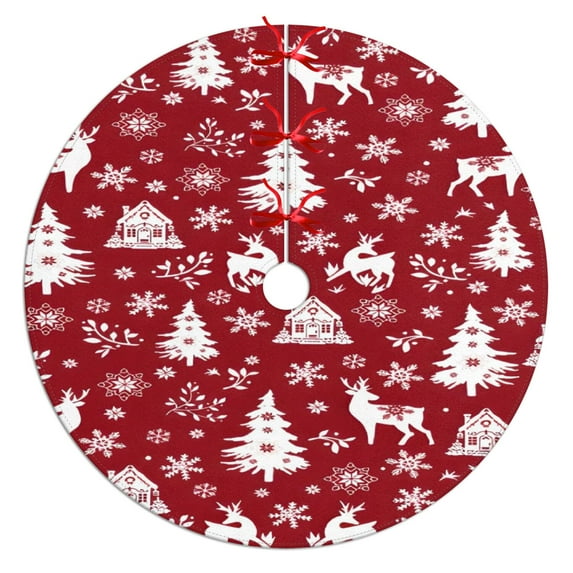 Christmas Tree Skirt,Red Christmas Tree and Deer Pattern Christmas Tree Decor with Red Ribbon Ties,Round Shape,Christmas Decorations for Home 36"x36"