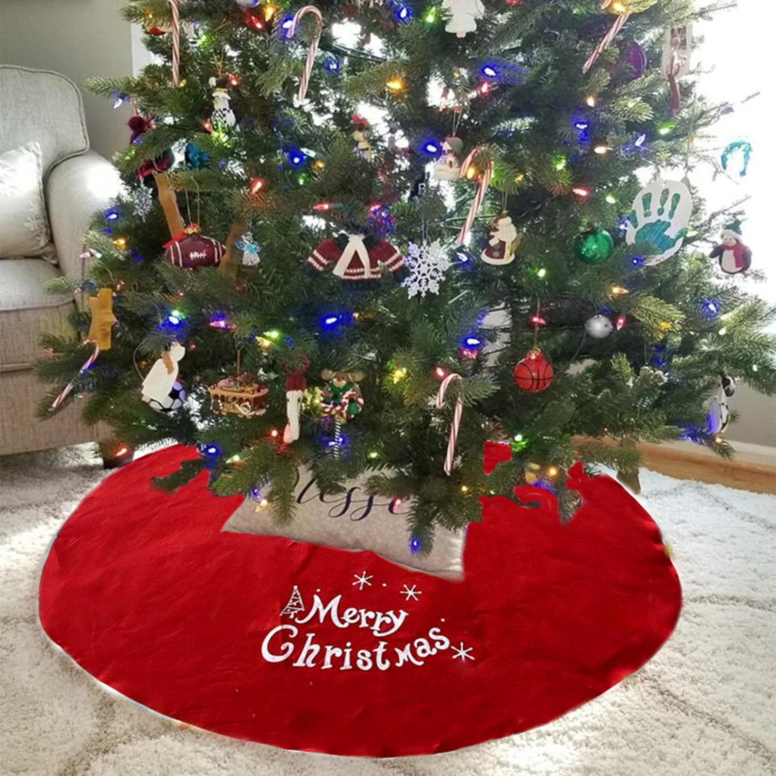 Christmas Tree Skirt Red Tree Skirt Decoration Letters New Year Merry