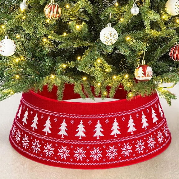 Christmas Tree Skirt Red Knitted Tree Collar with White Snowflake Pattern, Holiday Tree Surround Decoration for Christmas Tree Base Cover and Festive Gift Display, Home Holiday Ornament