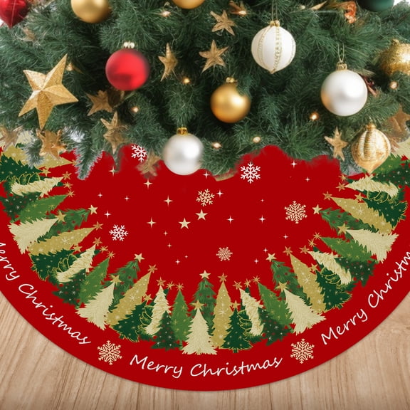 Christmas Tree Skirt, Red Merry Christmas Trees Snowflakes Xmas Indoor Decor Home Decorations, 48 inch