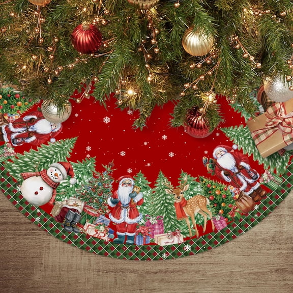 Christmas Tree Skirt, Red Snowman Santa Christmas Tree Skirt, Xmas Trees Indoor Decor Home Decorations, 48 inch