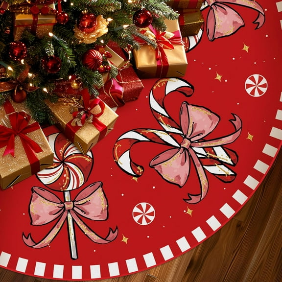 Christmas Tree Skirt Red Tree Skirts Candy Cane Decorations Xmas Tree Skirt Tree Mat 48 Inch Winter Christmas Decor for Home