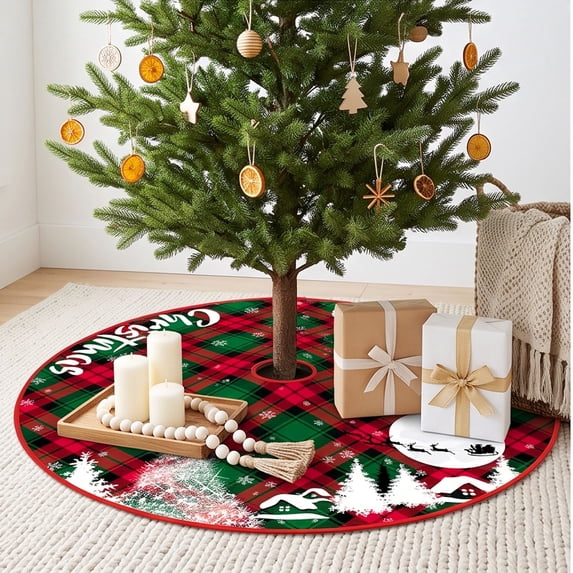 Christmas Tree Skirt, Red and White Holiday Tree Base Cover with Reindeer and Snowflake Patterns
