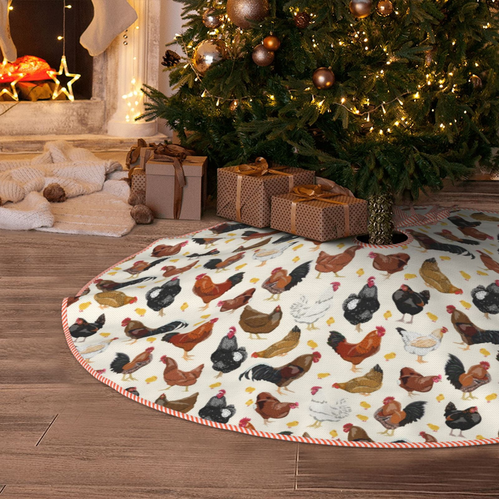 Christmas Tree Skirt, Roosters and Chickens Soft Funny Christmas Tree