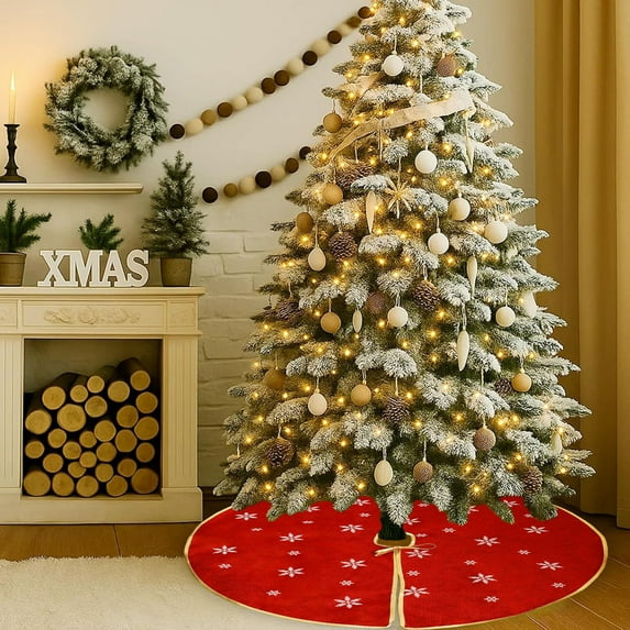 Christmas Tree Skirt Round Xmas Tree Mat Decorative Rug Holiday Home Decor - Multiple Sizes Festive Living Room(Red-L)