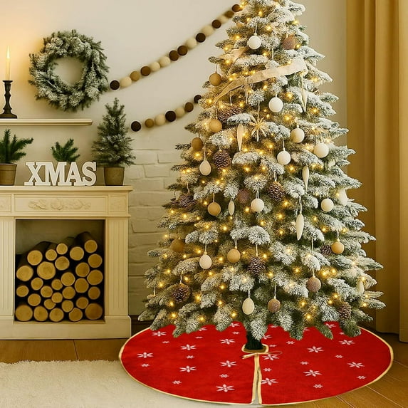 Christmas Tree Skirt Round Xmas Tree Mat Decorative Rug Holiday Home Decor - Multiple Sizes Festive Living Room(Red-M)