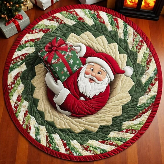 Christmas Tree Skirt, Santa Claus with Gift Design on Quilted Fabric, Red Green White Holiday Decor for Christmas Tree, Festive Party Decoration Multicolor