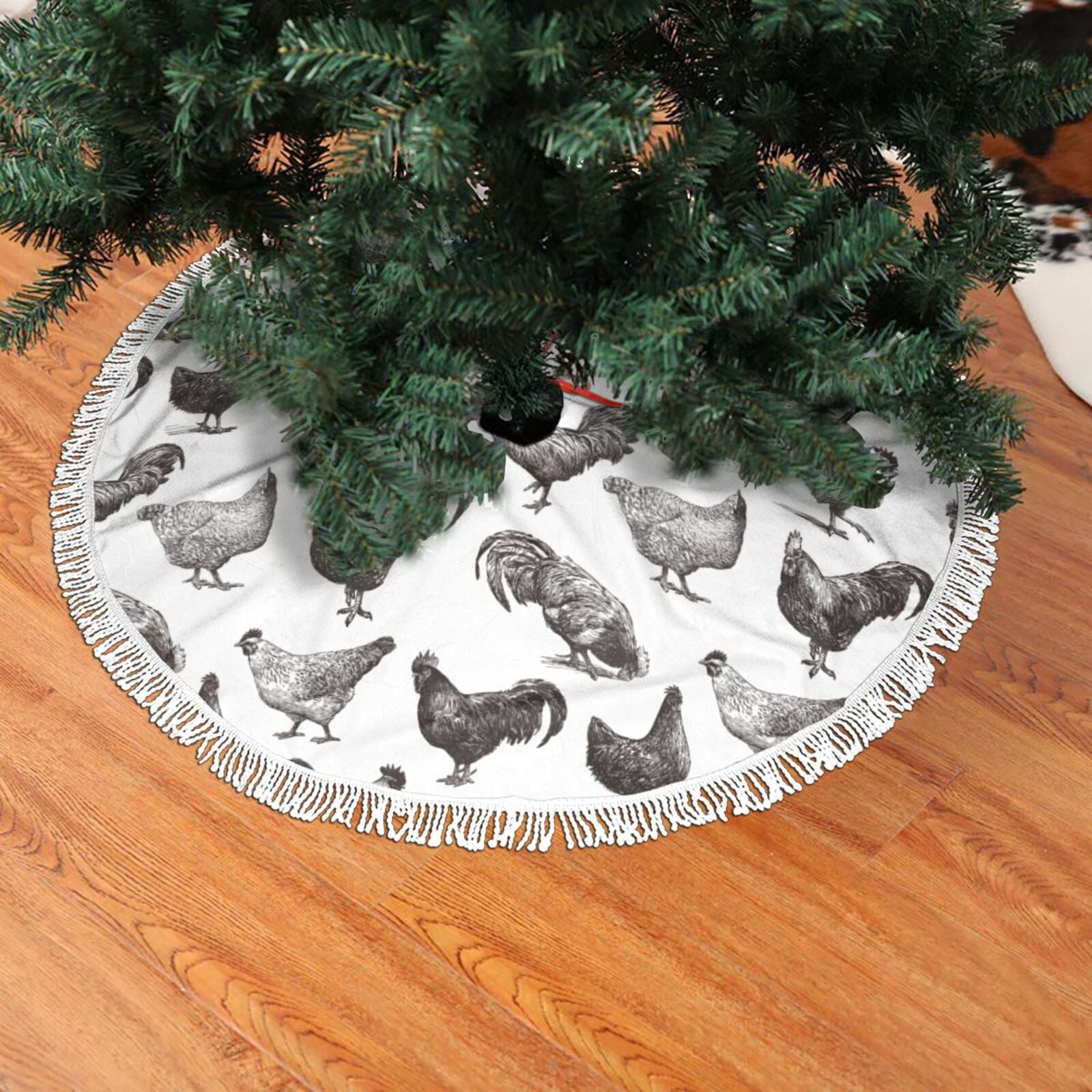 Christmas Tree Skirt, Sketch Chicken Black White Fringe Christmas