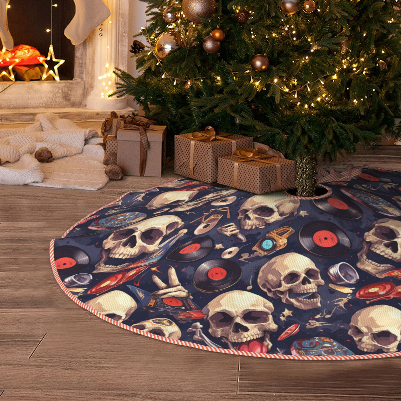 Christmas Tree Skirt, Skull record rock Christmas Decorations Funny