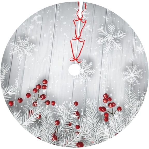 Christmas Tree Skirt Snowflake Winter White Berry Soft Polyester Holiday Tree Base Cover, Decorative Xmas Tree Mat 48 Inch for Home, School, Office