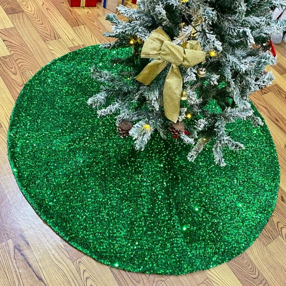 Christmas Tree Skirt Sparkling Green, Xmas Tree Skirt Mat Apron Decorations Home Indoor Living Room Decorations Party Decor Ornaments 24 Inch