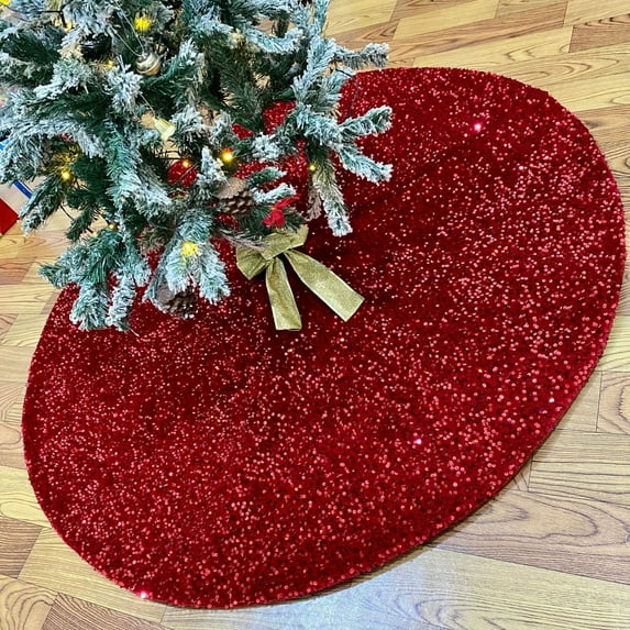 Christmas Tree Skirt Sparkling Red, Xmas Tree Skirt Mat Apron Decorations Home Indoor Living Room Decorations Party Decor Ornaments 24 Inch