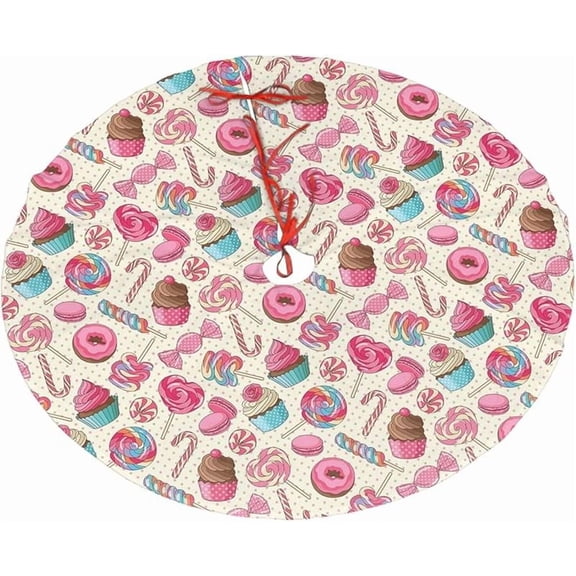 Christmas Tree Skirt,Sweet Lollipop Candy Macaroon Cupcake Donut Xmas Tree Skirt Rustic Farmhouse Tree Skirt for Christmas Decor Xmas Holiday Home Party Decorations36