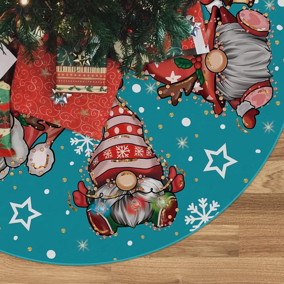 Christmas Tree Skirt, Teal Blue Gnome Star Snowflake Xmas Tree Base Cover Mat, Farmhouse Home Party Christmas Decoration 36 Inch