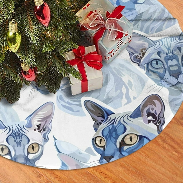 Christmas Tree Skirt with Tie Straps Blue Cats Illustration Pattern