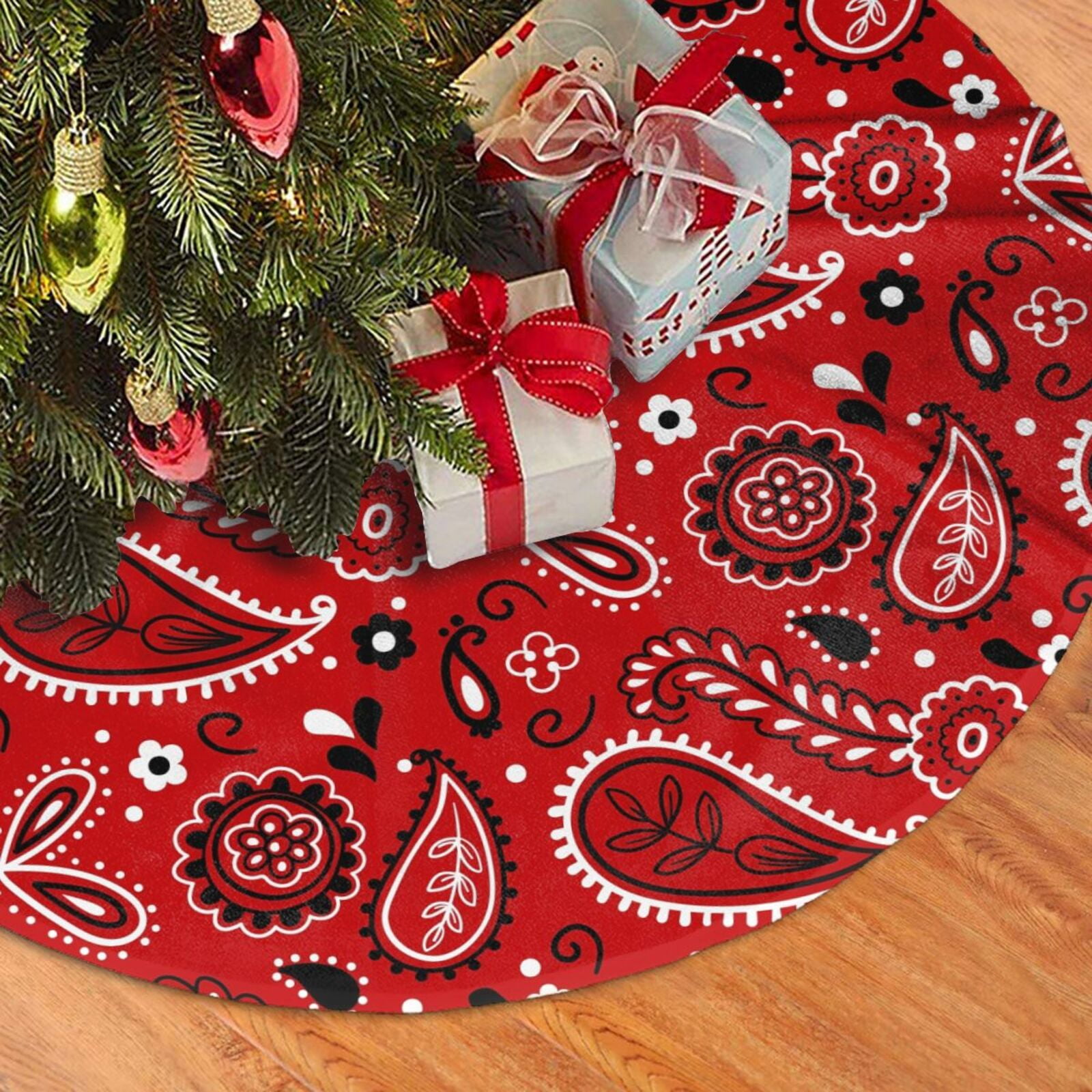 Christmas Tree Skirt with Tie Straps Red Vintage Paisley Pattern Tree ...