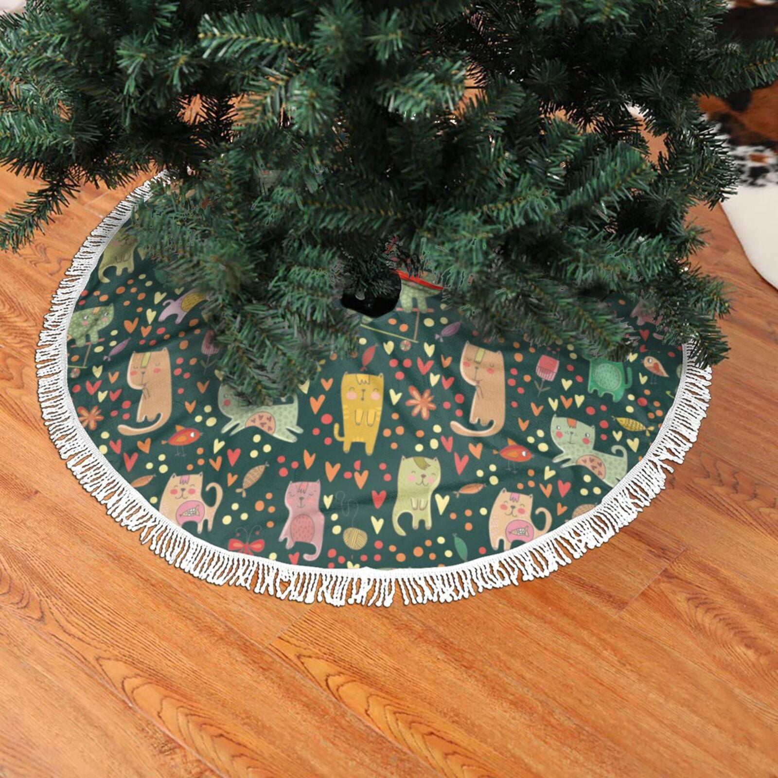 Christmas Tree Skirt with Tie Straps funny cat_B Tree Skirt with Fringe