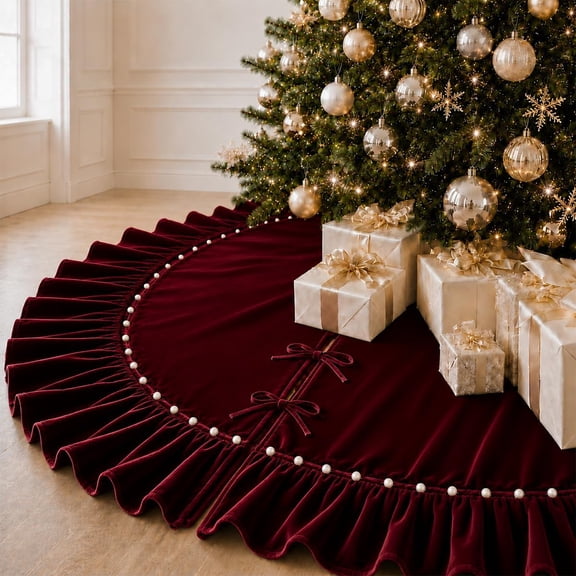 Christmas Tree Skirt,Velvet Tree Skirt with Ruffled Edge with Pearls, Classic Large Velvet Fur Plush Tree Skirt for Merry Christmas(WineRed,48Inch)