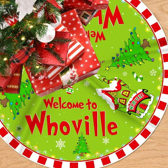 Christmas Tree Skirt Welcome to Whoville Tree Skirt 48 Inch Red and Green Whoville Christmas Decorations Xmas Holiday Home Decor