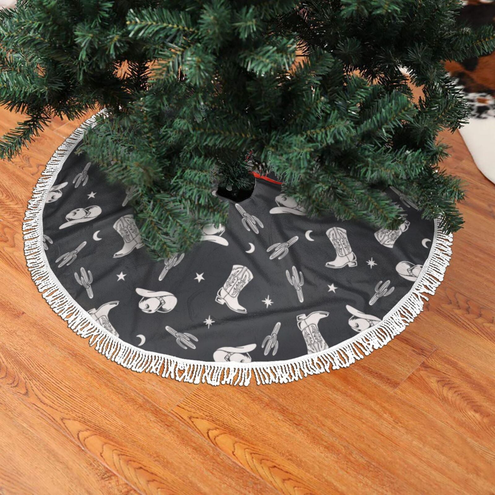 Christmas Tree Skirt, Western Cowboy Boho Cactus boots Christmas Tree