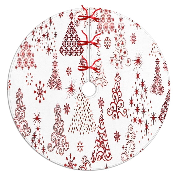 Christmas Tree Skirt,White Christmas Tree Pattern Christmas Tree Decor with Red Ribbon Ties,Round Shape,Christmas Decorations for Home 36"x36"