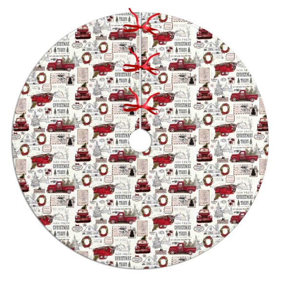 Christmas Tree Skirt,White Christmas Truck and Tree Pattern Christmas Tree Decor with Red Ribbon Ties,Round Shape,Christmas Decorations for Home 36"x36"