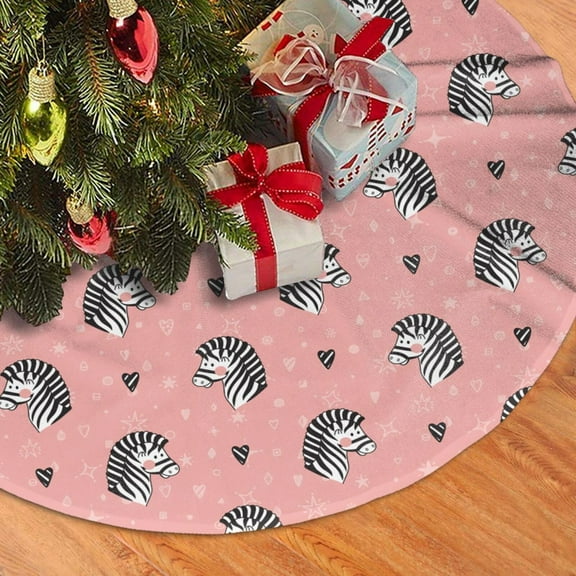Christmas Tree Skirt, doodle Cute Zebra Hearts pink Soft Plush Christmas Tree Decorations Indoor, Tree Skirts Mat for New Year Halloween Holiday Christmas Party Decor 30"