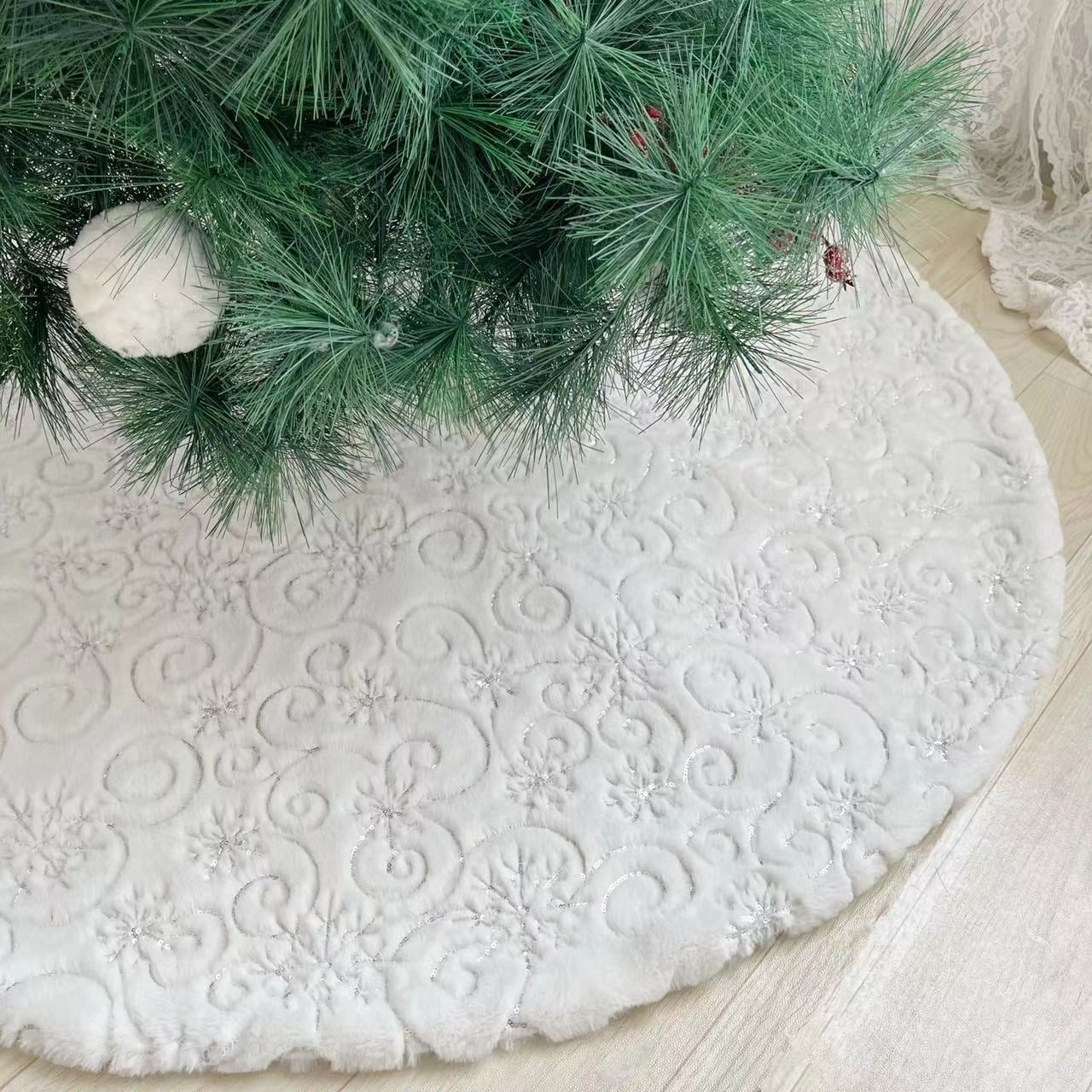 COOLWUFAN 60 Inch White Plush Christmas Tree Skirt With Silver Sequin Snowflakes