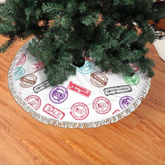 Christmas Tree Skirt, hilarious Postmark Pattern Christmas Tree Decorations Indoor, Tree Skirts Mat With Tassel Trim for Halloween New Year Holiday Christmas Party Decor 30 Inches