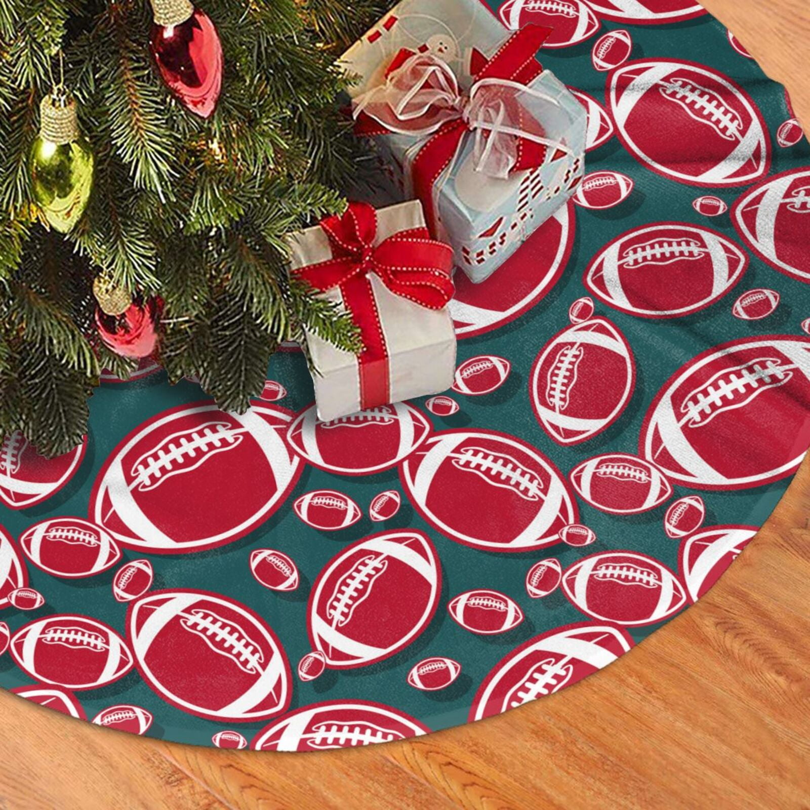 Christmas Tree Skirt, red American football Rugby Plush Soft Christmas