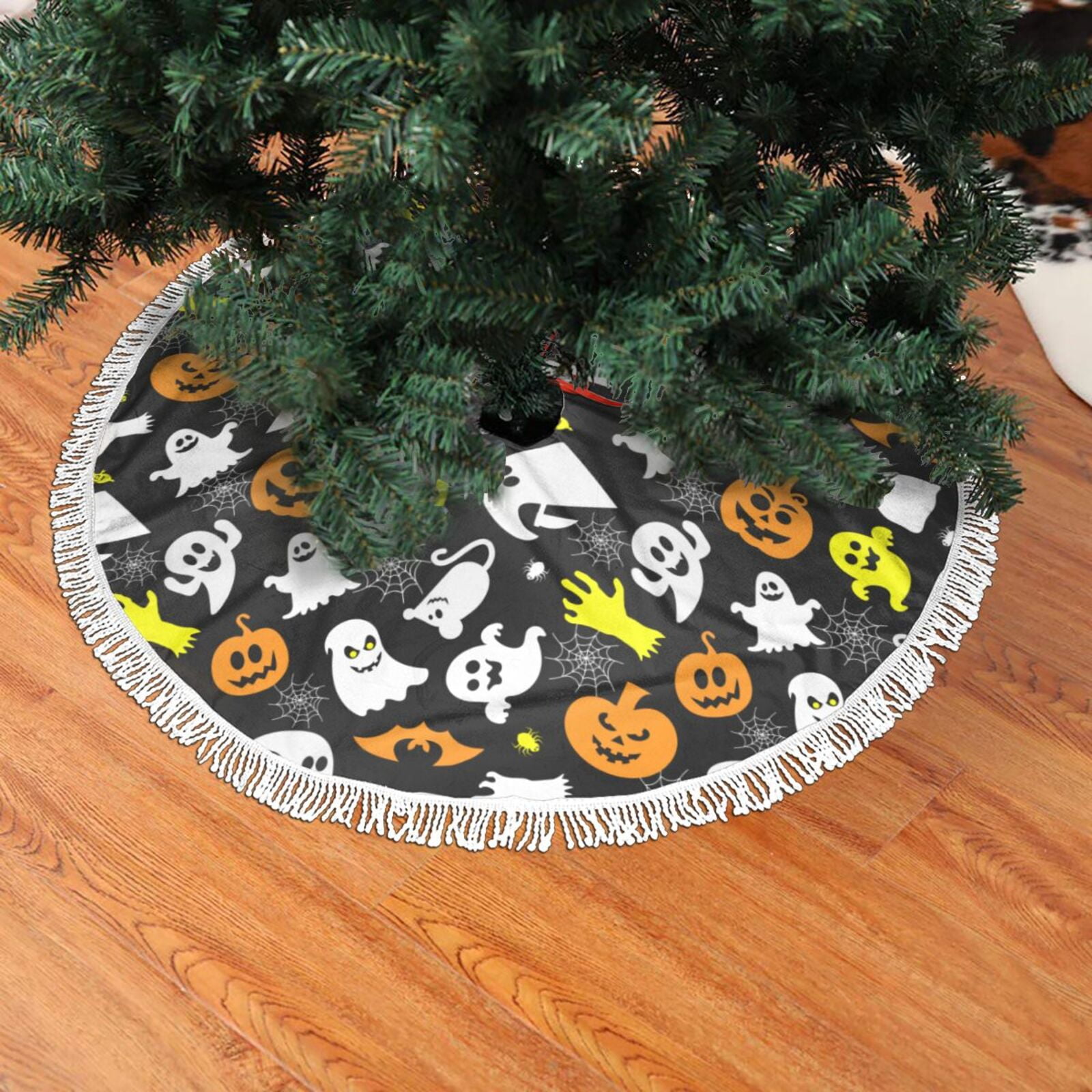 Christmas Tree Skirt, spider web pumpkin halloween Christmas Tree