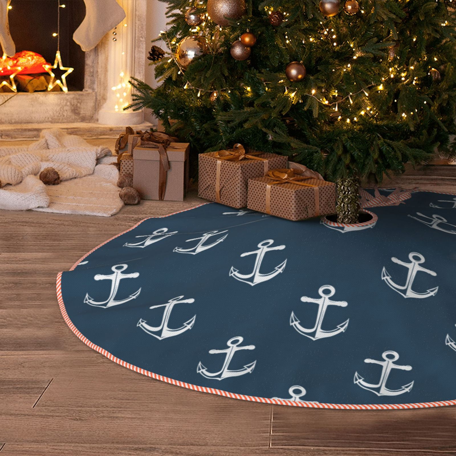 Christmas Tree Skirt, white Anchor navyblue vintage Christmas