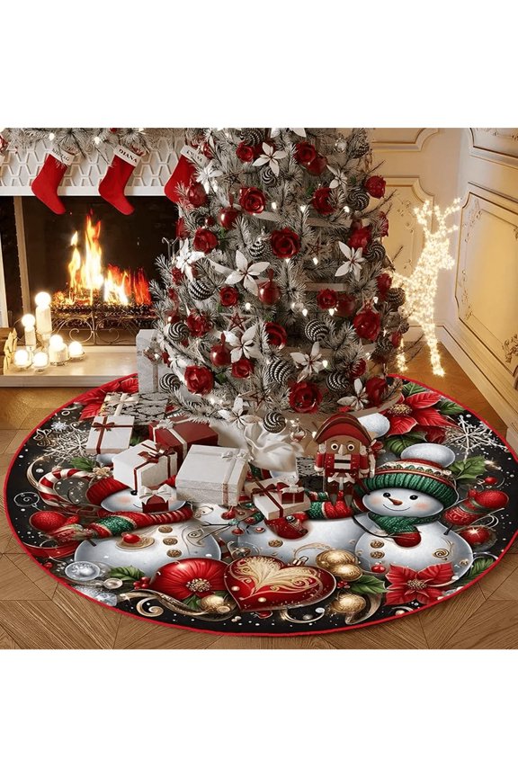 Christmas Tree Skirt with Four Snowmen Pattern for Holiday Home Gathering（23.6in）