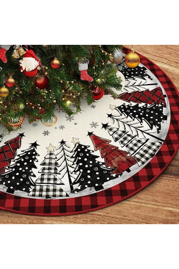 Christmas Tree Skirt with Red Black White Holiday Design - Festive Tree Skirt, Plaid Red Black Border（47.2inch，L）