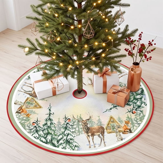 Christmas Tree Skirt with Snowflake Pattern, Red and White Polyester Base Cover for Holiday Trees