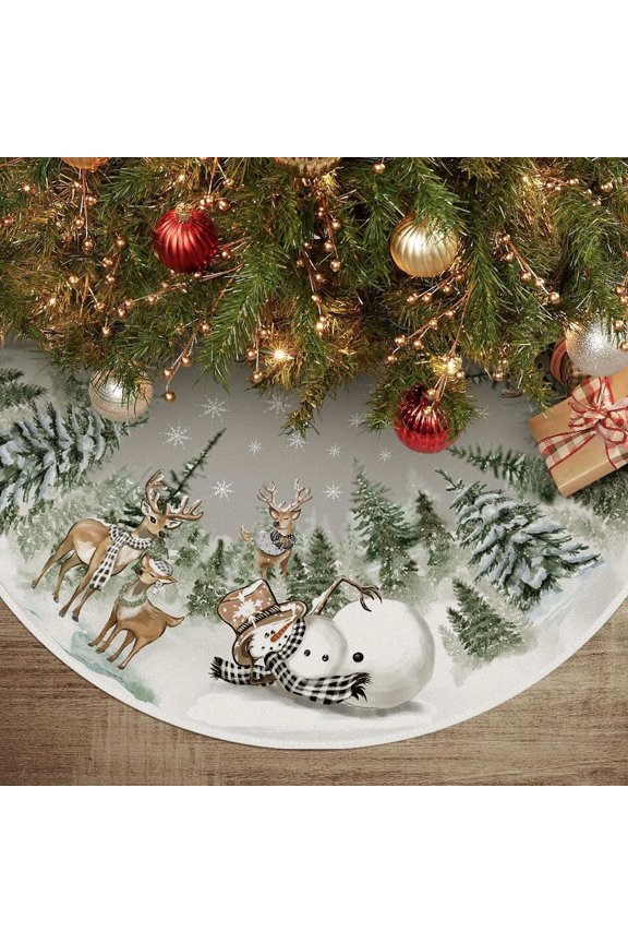 Christmas Tree Skirt with Snowman, Reindeer, and Christmas Tree Patterns - White Holiday Decor（31.5inch，S）