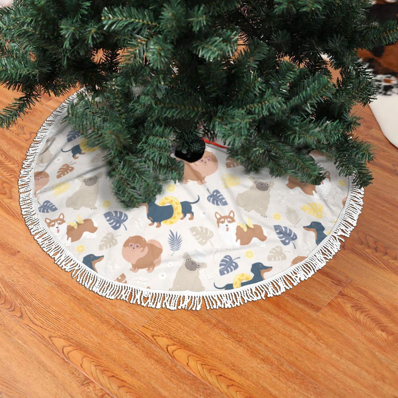 Christmas Tree Skirt with Tie Straps Dogs Tree Skirt with Fringe for