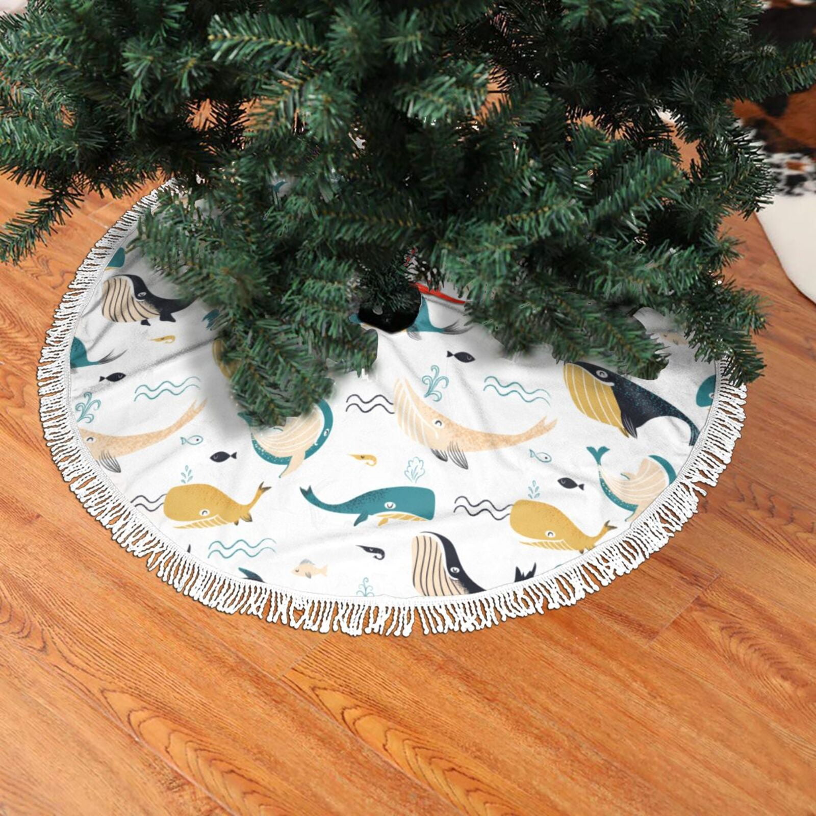 Christmas Tree Skirt with Tie Straps cute whale Tree Skirt with Fringe