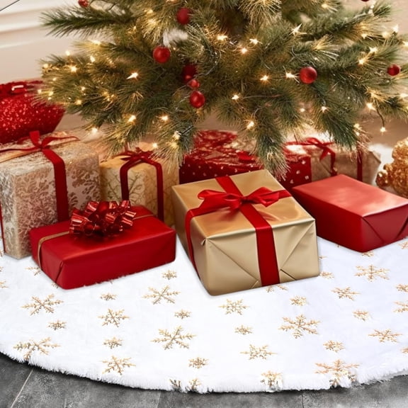 Christmas Tree Skirts 60 Inches, White Faux Fur Christmas Tree Skirt with Gold Sequin Snowflakes, Extra Large Plush Tree Skirts for Xmas Holiday Party Decorations.Christmas