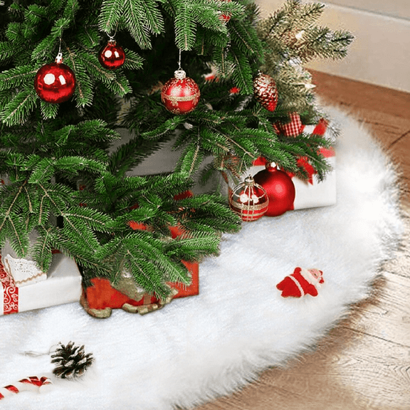 Christmas Tree Skirts White Plush Luxury Faux Fur Tree XmasTree Skirt for Christmas Decoration New Year Party Holiday Decorations Pet Favors, 48 in.